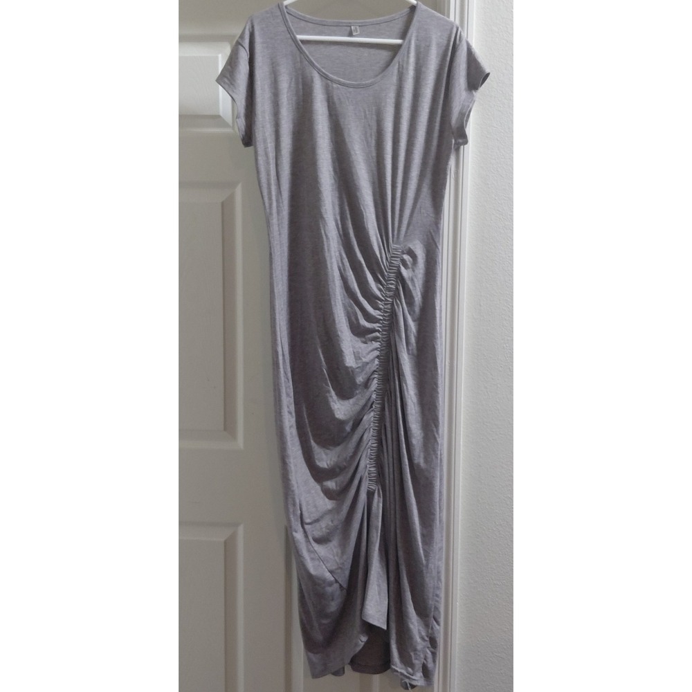 NEARKIN Women's XXL Gray Ruched Maxi Dress Short Sleeve Stretch Asymmetrical